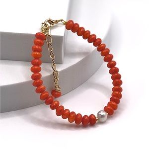Beautiful Orange Coral Bracelet With Genuine Freshwater Pearl